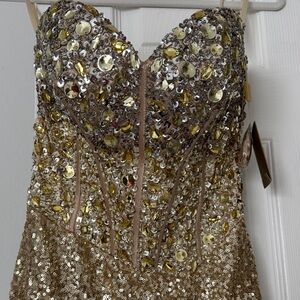 formal dress in gold sequins